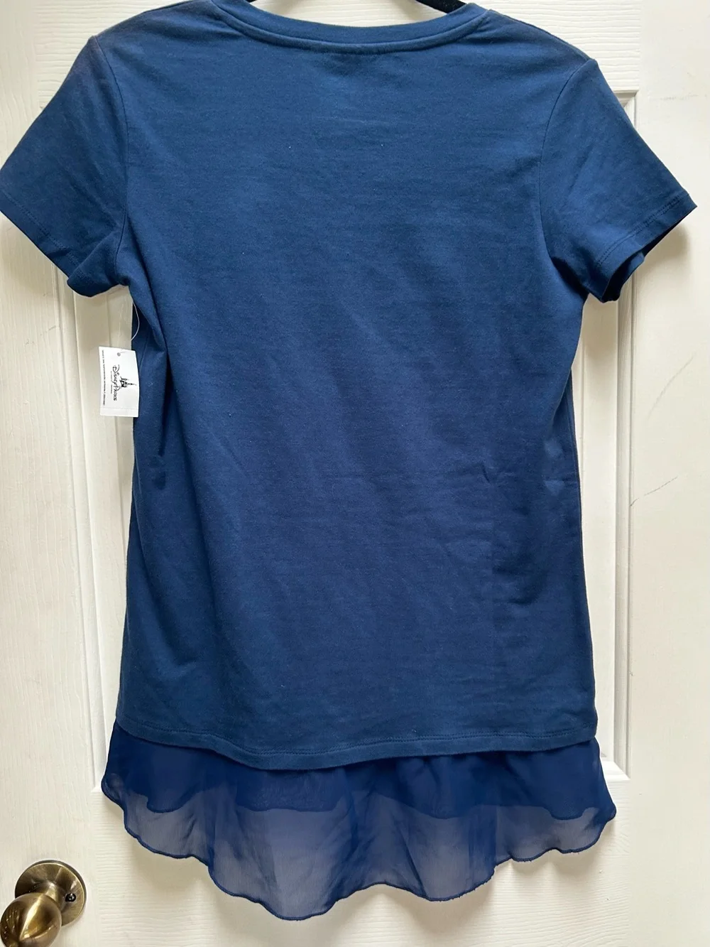 NWT DISNEY Navy V-neck Mickey & Minnie Heart Graphic Tee with Chiffon Hem Small - Picture 8 of 11